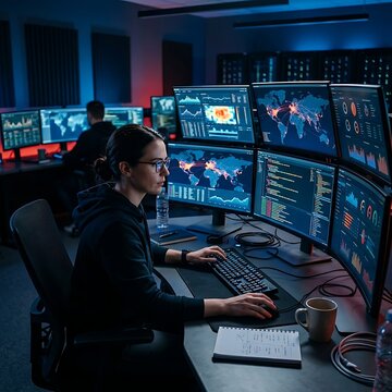 Cybersecurity analyst monitoring global network data on multiple computer screens
