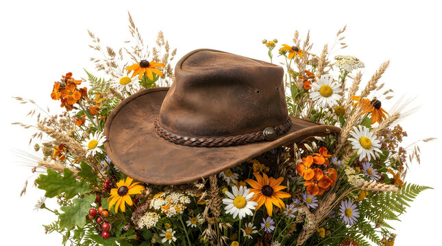 Brown leather cowboy hat resting on a beautiful arrangement of colorful summer wild meadow flowers