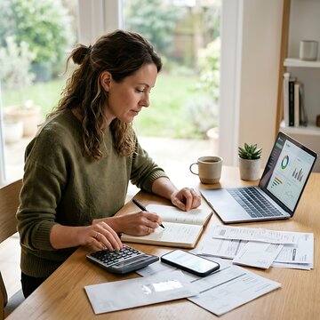 Woman calculating household finances with a laptop and documents at a home desk