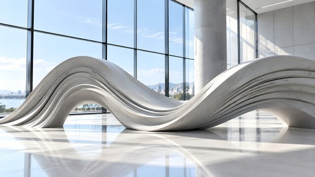 Modern futuristic curved parametric bench in lobby with glass window