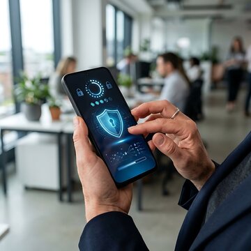 Professional using a smartphone with cybersecurity shield interface in an office