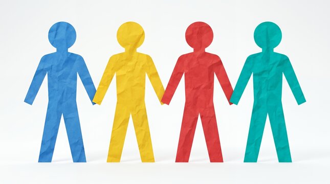 Four Colorful Paper People Holding Hands Isolated on White Background