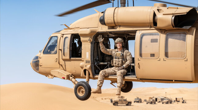 Army pilot waving from open door of transport helicopter during desert mission. Military aviation concept in arid environment resembling Middle East.