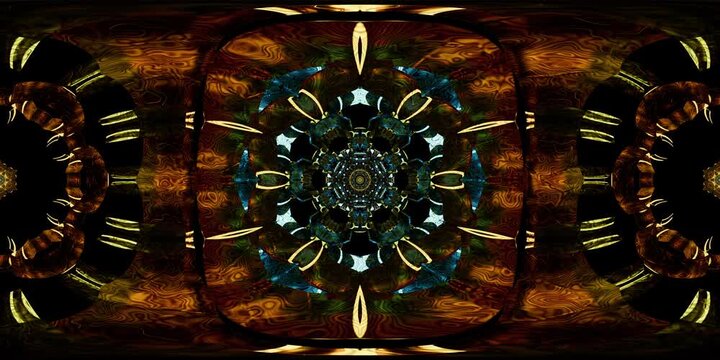 Hypnotic VR 360 mandala formed from sacred geometry as an equirectangular environment map, made for spiritual dome projection, metaverse experiences, seamless VJ loops and HDRI spherical map