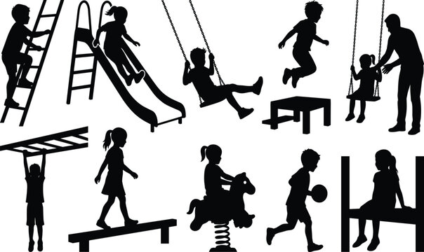 PrintPlayground children and activities vector silhouettes set featuring swings, slides, climbing, and playful games   Playground children and activities vector silhouettes set featu