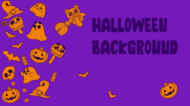 Animated Halloween background with pumpkins, ghosts, skulls, bats and witch hats