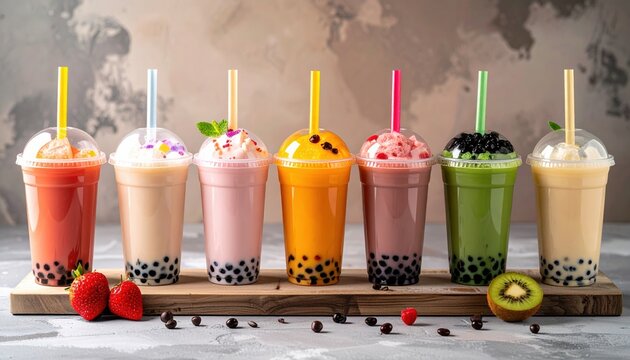 Assorted boba milk tea drinks in takeaway cups