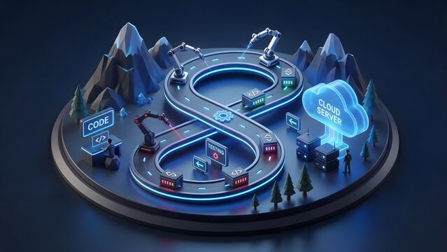 A stylized 3d low-poly miniature diorama of software deployment, an infinity-shaped track where code blocks are continuously tested by