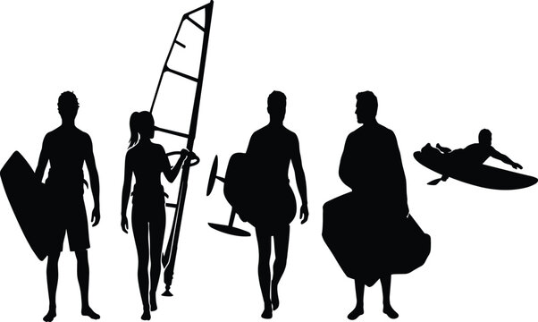 PrintWater sports and surfing vector silhouettes set featuring windsurfing, paddleboarding, and surfing gear   Water sports and surfing vector silhouettes set boarding, and 