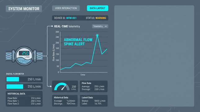  Flat UI vector illustration of water flow meter telemetry and leak analytics dashboard with copy space