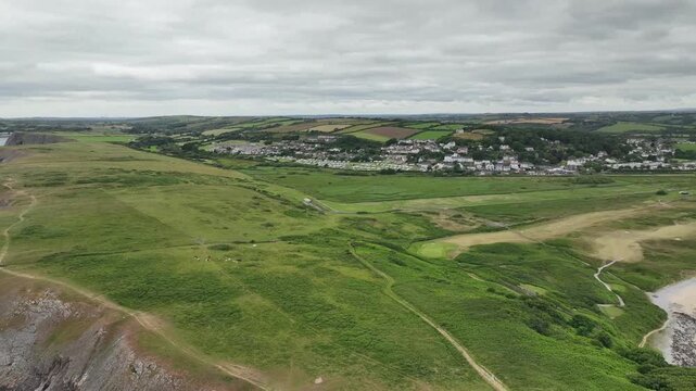 Aerial View of Coastal Holiday Village and Green Welsh Countryside in Pembrokeshire