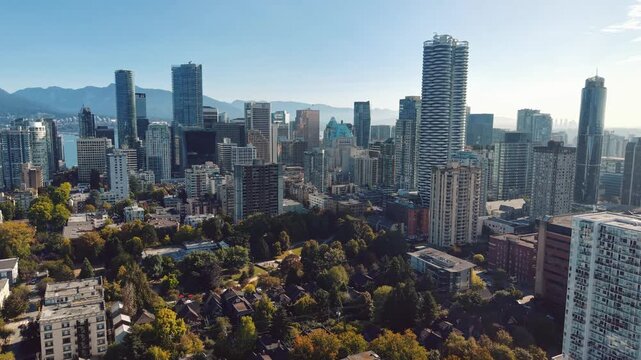 Aerial View of Downtown Vancouver's Skyline Above a West End Park