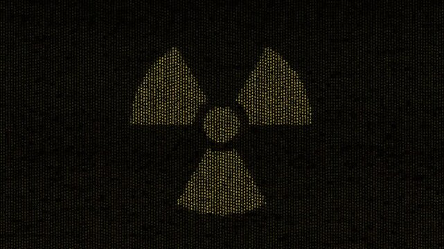 Flickering yellow radiation hazard symbol glows on dark textured surface. Distressed glitch aesthetic works for nuclear warning, danger, and sci-fi themed motion design projects.