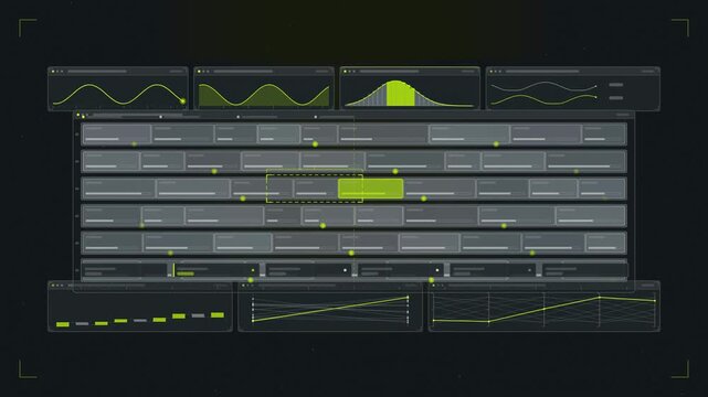 Abstract animated bandwidth allocation channel slices drawn as green and teal lines and shapes on a deep dark background. Seamless looping 4K motion graphics video with free space for text, ideal for 