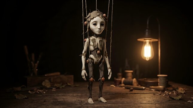 Handcrafted wooden marionette puppet adorned with autumn leaves suspended on strings in dark rustic workshop with copy space