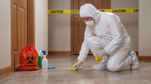 Forensic investigator cleaning crime scene in residential hallway. Professional in hazmat suit collecting evidence behind caution tape.