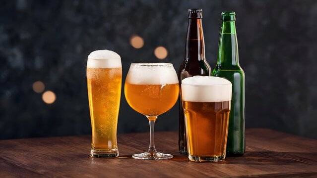 Assorted Craft Beer Glasses and Bottles on Wooden Table