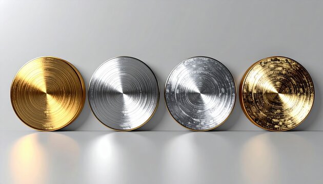 Four round material texture samples featuring hologram, brushed metal, chrome and gold