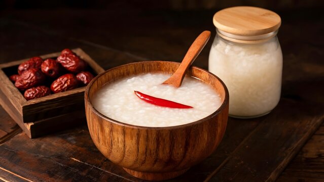 Traditional Rice Porridge with Red Dates and Chili in Wooden Bowl
