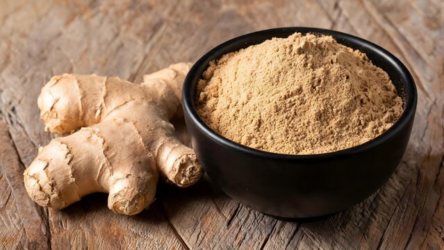 Fresh Ginger Root and Ground Ginger Powder in a Black Bowl on Rustic Wood