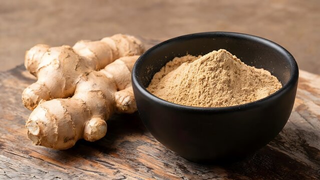 Fresh Ginger Root and Ground Ginger Powder in Black Bowl on Wooden Table