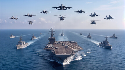 Fototapeta na wymiar Naval carrier strike group sailing in formation across open ocean. Fighter jets and helicopters flying overhead in military exercise.