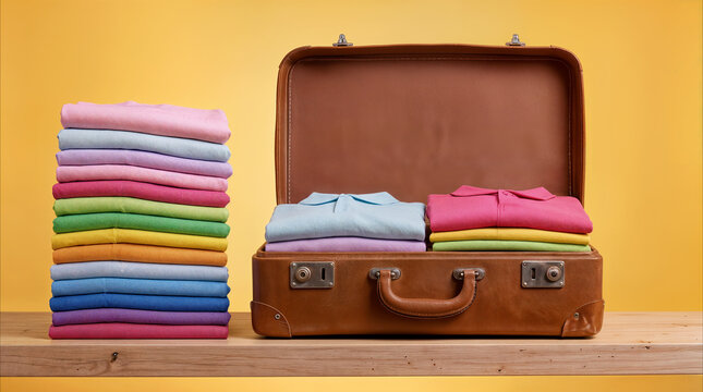Folded colorful polo shirts stacked next to open vintage leather suitcase. Travel preparation and luggage packing concept on wooden shelf against yellow background.
