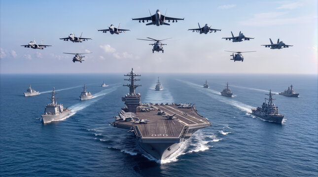 Naval carrier strike group sailing in formation across open ocean. Fighter jets and helicopters flying overhead in military exercise.