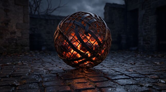 Glowing spherical iron brazier with burning coals resting on wet cobblestone street in dark medieval alley for spooky autumn festival