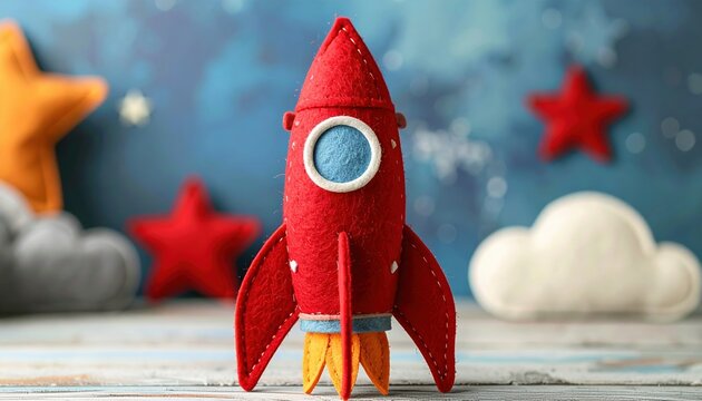 Red felt toy rocket representing space exploration and childrens play