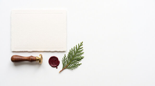 Elegant blank white stationery card with deckle edge, brass wax seal stamp, and fresh green cedar branch isolated on white background stock photo&mdash;featuring crimson red wax impression, luxury paper tex