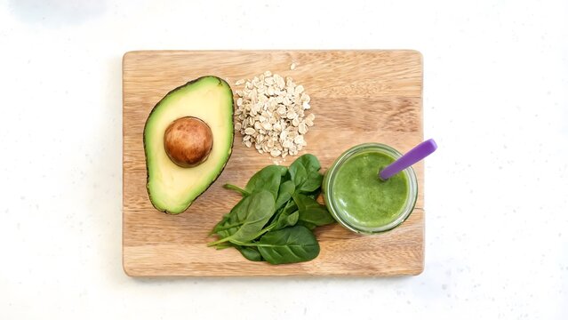 Healthy breakfast ingredients with green smoothie, avocado, oats and spinach on wooden board