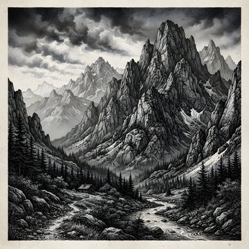 Dramatic black-and-white engraving of rugged mountain peaks, pine forest, rocky valley, and stormy clouds.
