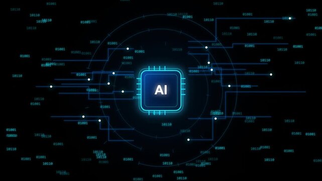 Artificial intelligence chip with digital binary code data stream on dark background
