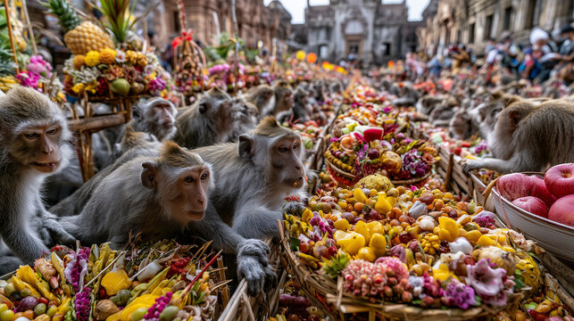 AI generator images of  famous and unique Monkey Banquet in Lopburi, Thailand, involves distributing fruits and vegetables for the monkeys to eat.