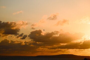 A bird soars across a fiery orange sky above rolling clouds at sunset. Warm light and dramatic clouds create a striking seascape. © _drihan_
