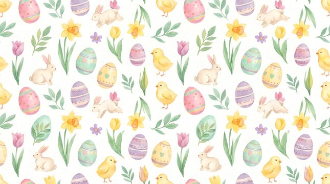Seamless Easter pattern with watercolor eggs bunnies and spring flowers