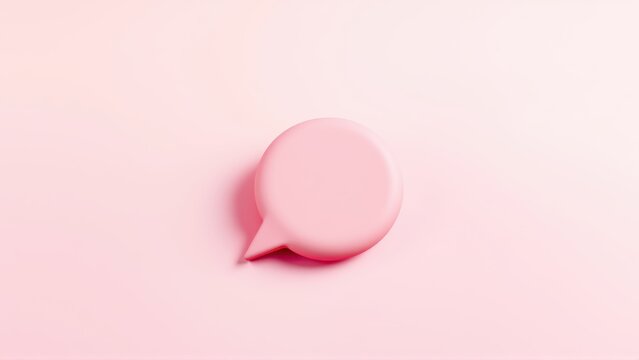 Pink speech bubble centered on gradient background. Minimalist design, soft shadows, simple form. Communication concept.