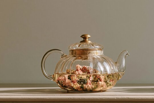 Glass teapot containing a miniature harvest scene with tiny stooks and a wagon, glowing warmly on a pale surface with copy space for tea and autumn campaigns