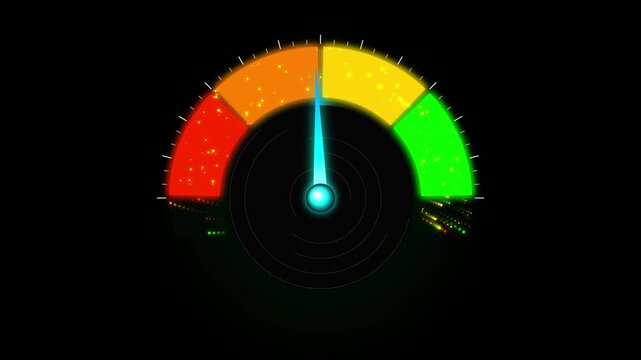 Digital speedometer gauge with a blue needle pointing to the center on a black background