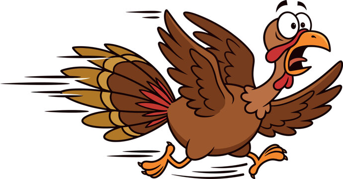 A funny cartoon illustration of a scared brown turkey running away fast to escape during the thanksgiving holiday season