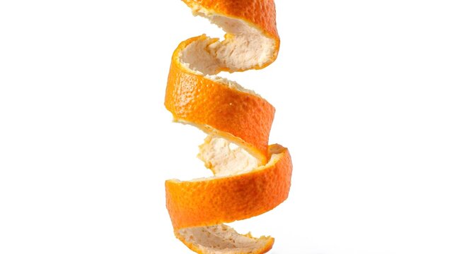 Spiraling Orange Peel Strip on White Background