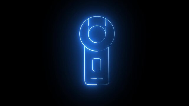 Glowing blue neon electric clamp meter icon symbol on a dark black background