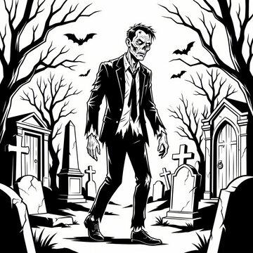 Zombie in a Suit Wandering Through a Spooky Graveyard with Bats and Bare Trees, Black and White Scratchboard Illustration