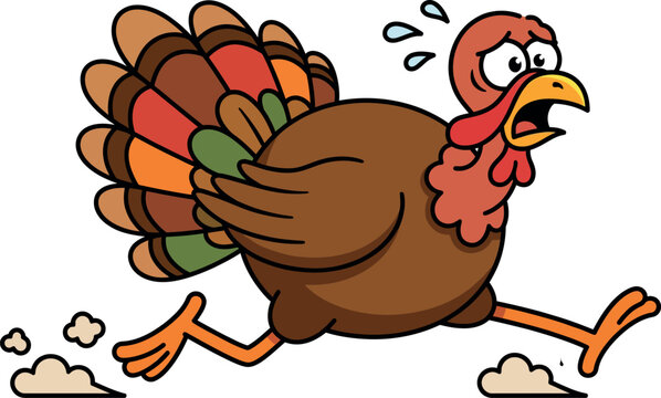 A funny cartoon illustration of a scared thanksgiving turkey running away in a panic to avoid becoming a holiday dinner