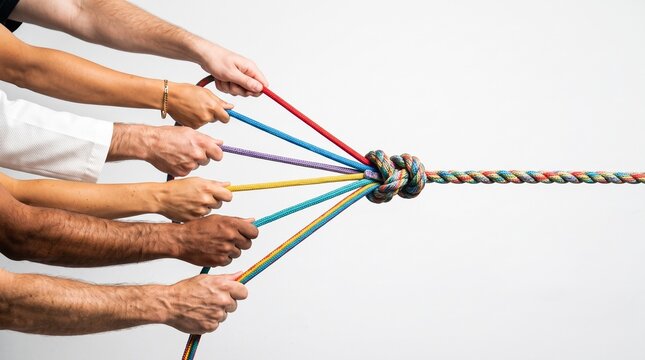Diverse hands gripping vibrant colorful ropes tied into a single central knot representing unity teamwork collaboration and shared professional goals