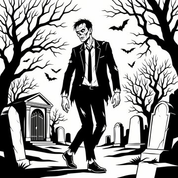 Zombie in a Suit Wandering Through a Spooky Graveyard with Bats and Bare Trees, Black and White Scratchboard Illustration