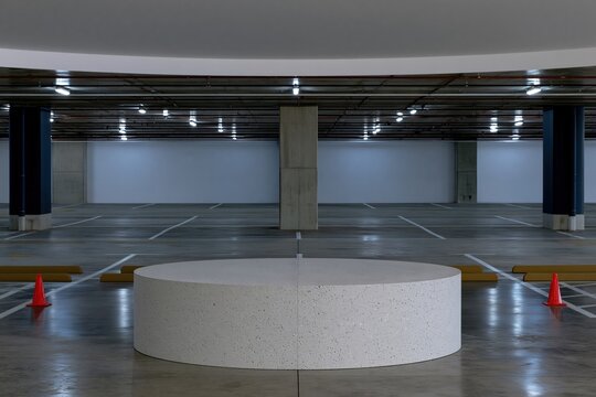 Low cylindrical concrete podium in an empty underground parking garage with a polished floor, creating a minimal mockup for product display