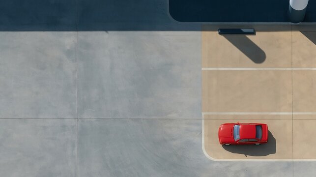 Empty parking garage with a small red toy car on a cool grey concrete floor and tan parking space for mockup and copy space