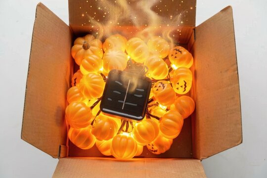 Open cardboard box filled with glowing Halloween pumpkin string lights